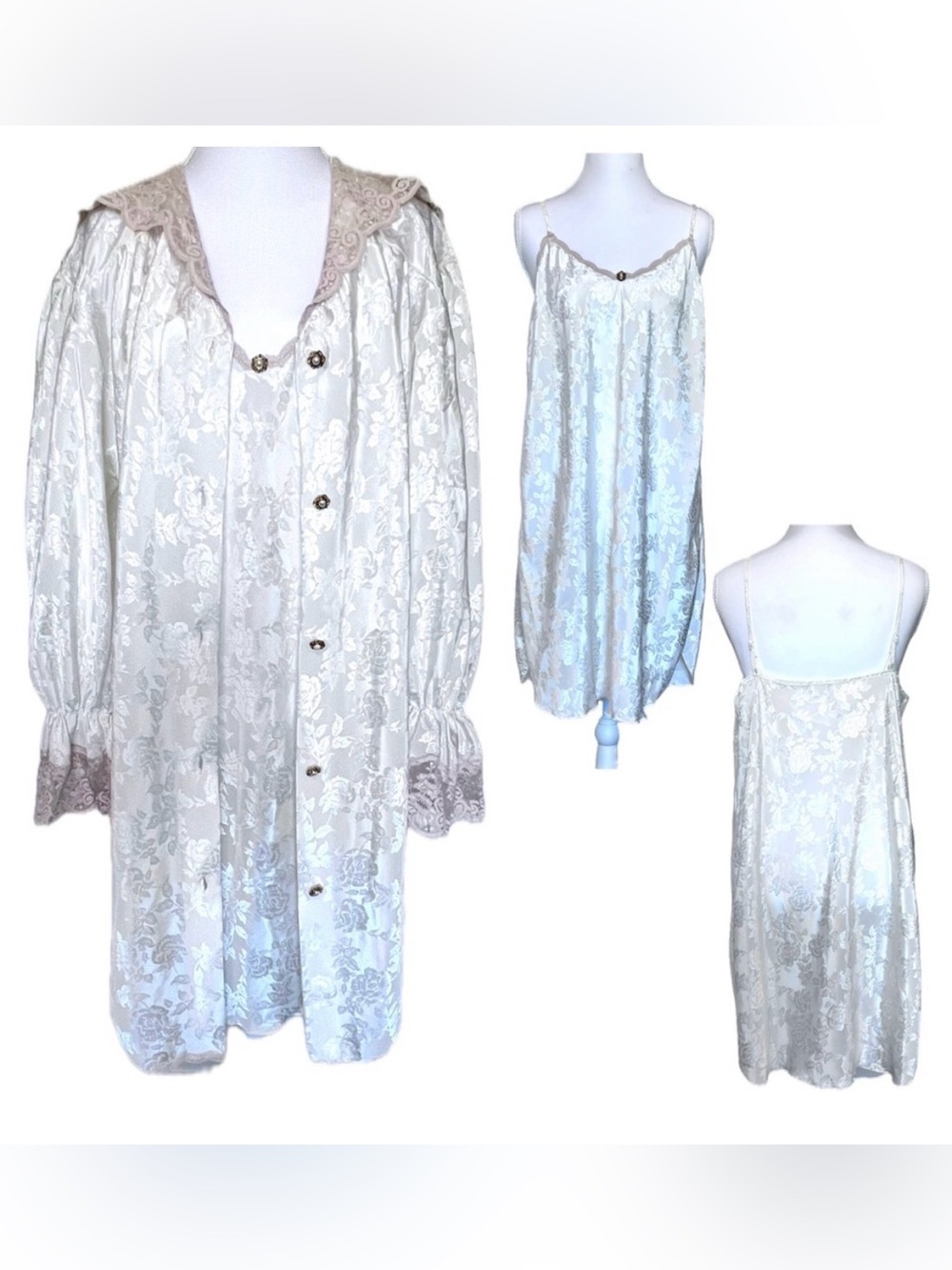 Vintage Lingerie Satin Jacquard Floral Lace Trim Robe & Slip Set Honeymoon
